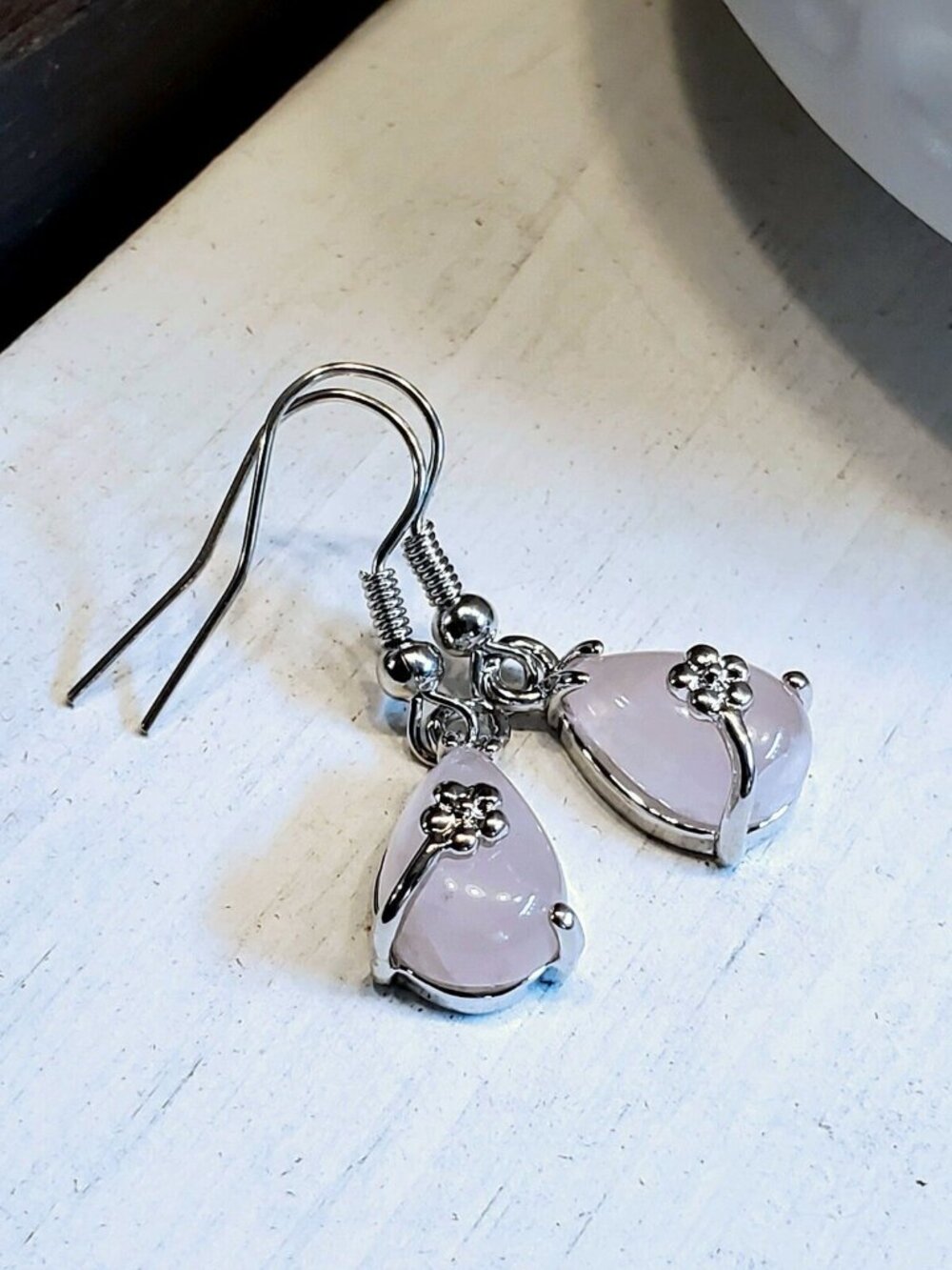 Little Teardrop Rose Quartz Gemstone Platinum Plated Handcrafted Earrings - Picture 8 of 10
